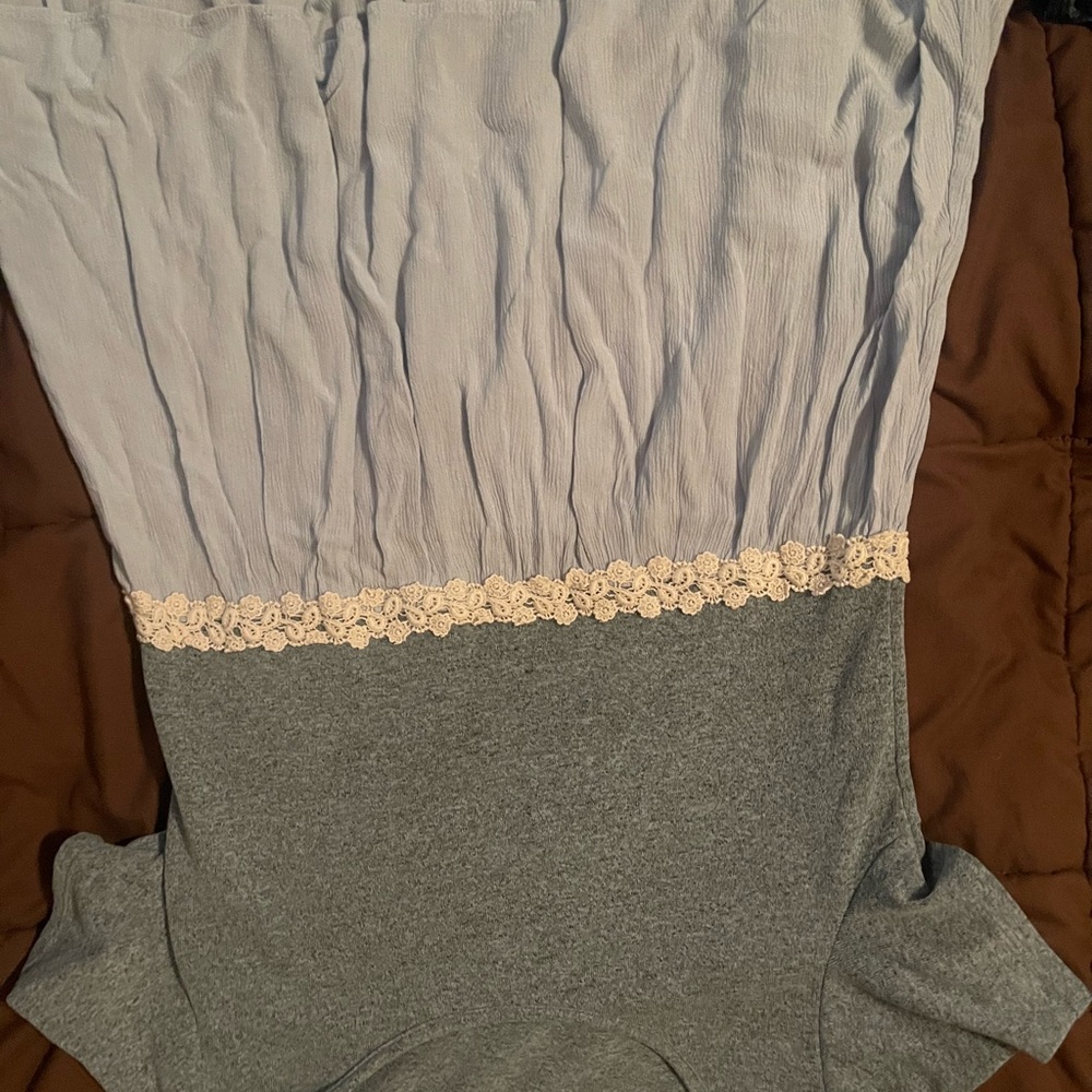 Women's Blue and Gray Blouse with Lace Detail